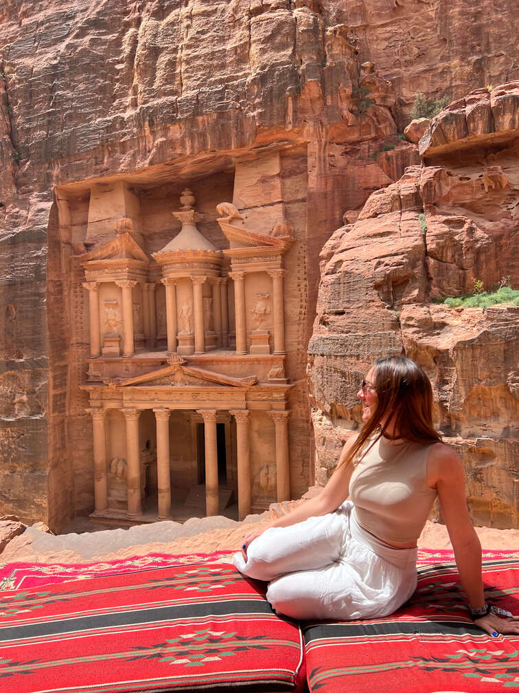 Front view of the Treasure, the most famous building in the Petra ruins, considered one of the 7 wonders of the world.