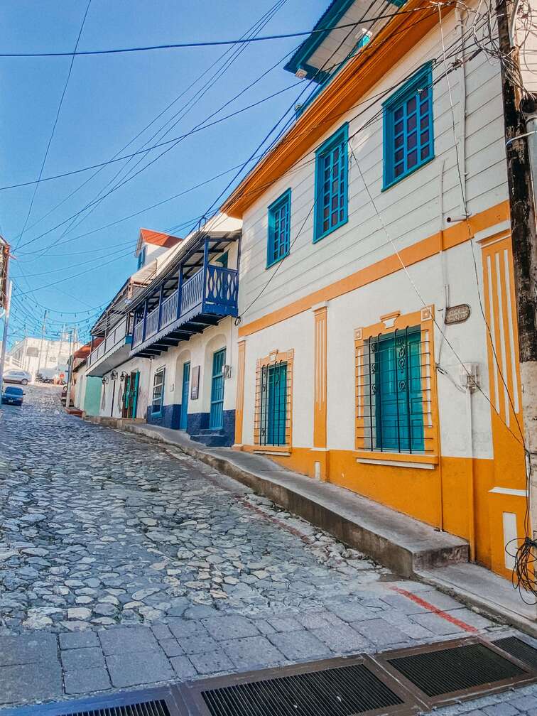 Colorful cobbled street in Flores.