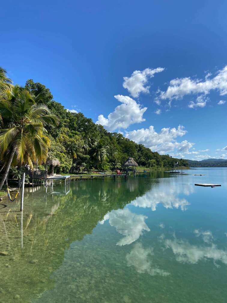 Green and blue lake, palm trees and a blue sky.