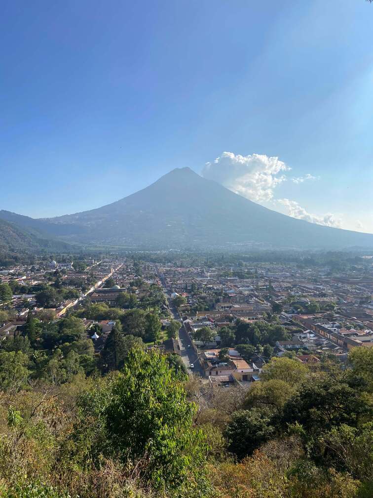 View of Volcan de Agua from Mirador de la Cruz in Antigua, Guatemala.